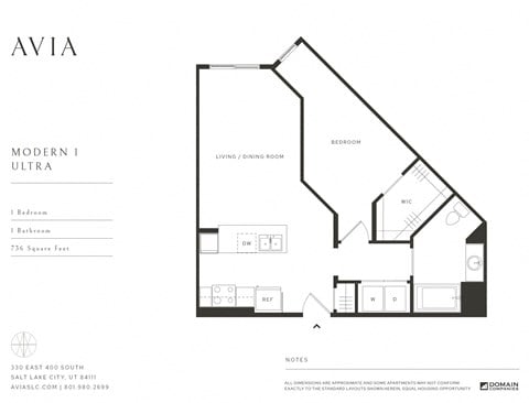 Floor plan for 1 bed, 1 bath, 736 sqft
